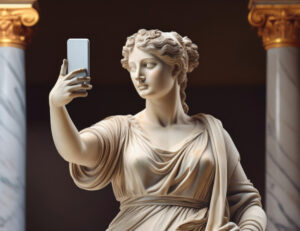 greek statue taking a selfie