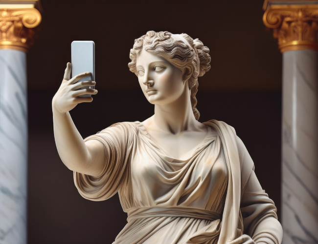 greek statue taking a selfie