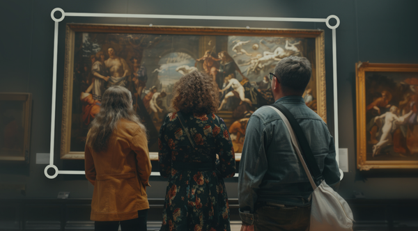 3 museum patrons view a painting with an Art Sentry protection zone drawn around it.